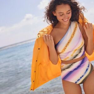 NWT Ruched One Shoulder Midkini Top In Egret White Ombre Stripes